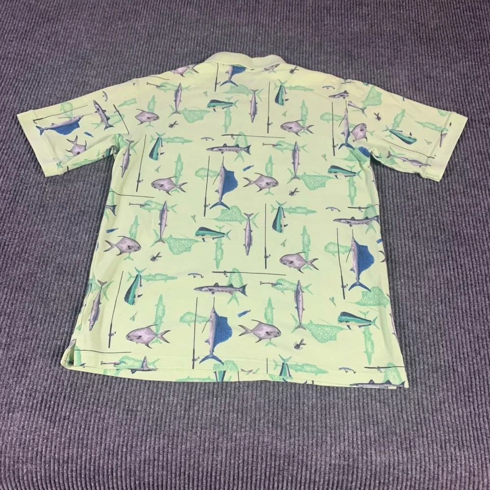 Columbia Shirt Mens Medium Green Polo Fish AOP‎ Golf Preppy Fishing Ocean Casual